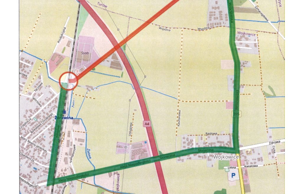 objazd przejazdu kolejowego na ul. Kolejowej w m. Żórawina mapka